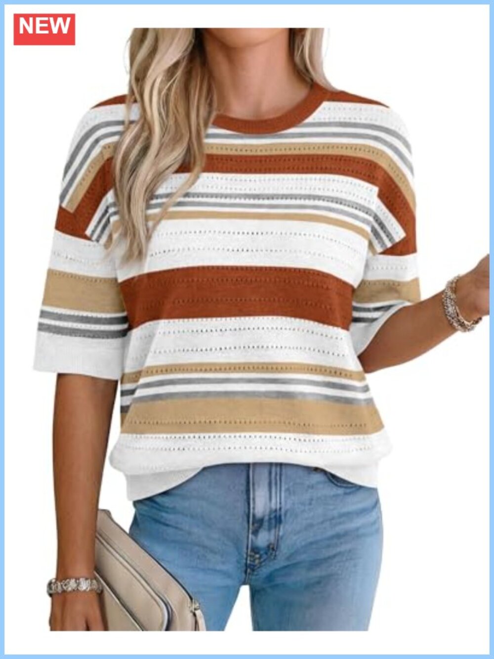 Womens Short Sleeve Knit Sweater Crochet Blouse Top